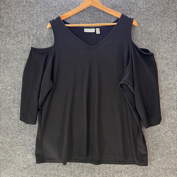 Susan Graver Plus 2X Womens Textured Liquid Knit Cold Shoulder Top V-Neck Blouse - Picture 1 of 7